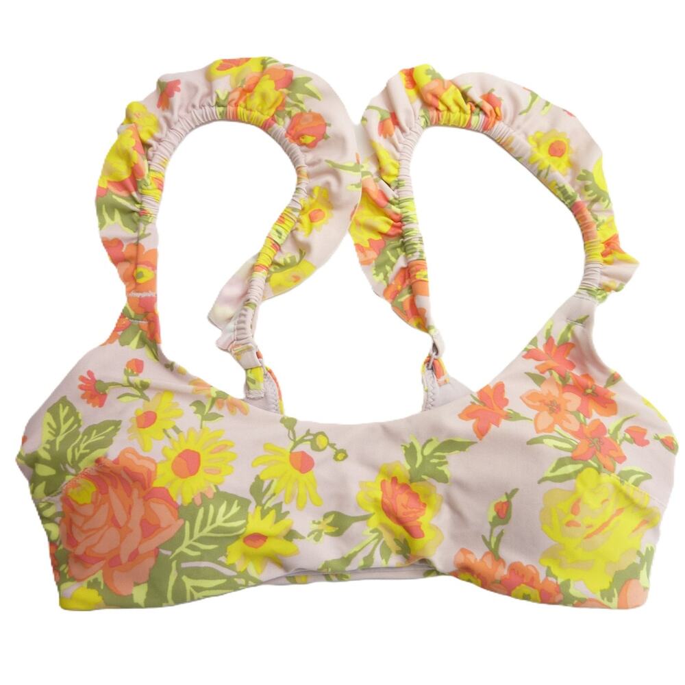 Aerie Womens Medium Tropical Floral Ruffle Bikini Scoop Top Swimwear Orange
